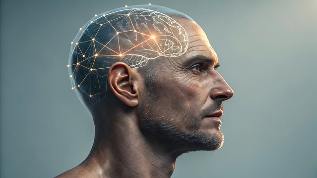 Human head with digital brain overlay.
