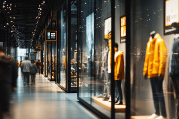 Fototapeta premium Visitors walk through a large shopping center with various glass front stores displaying bright clothing. Mannequins in vivid colors stand still as shoppers pass by