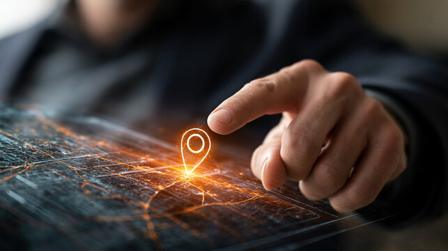 Digital Navigation Interface: A person's finger interacts with a holographic map display, highlighting a glowing location marker, symbolizing digital guidance and connectivity.