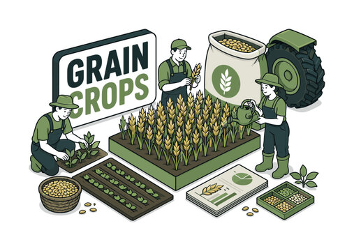 Agriculture Grain Crops banner showing three farmers around an oversized wheat field block and giant seed bag, grain basket, cultivated rows, watering can, crop chart, and tractor wheel filling all