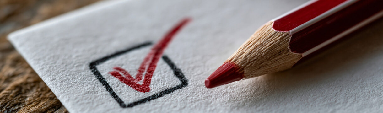 Check Mark on Paper: A close-up shot captures a bold red check mark within a square box, drawn with a sharp red pencil on a textured paper surface, symbolizing completion and success.