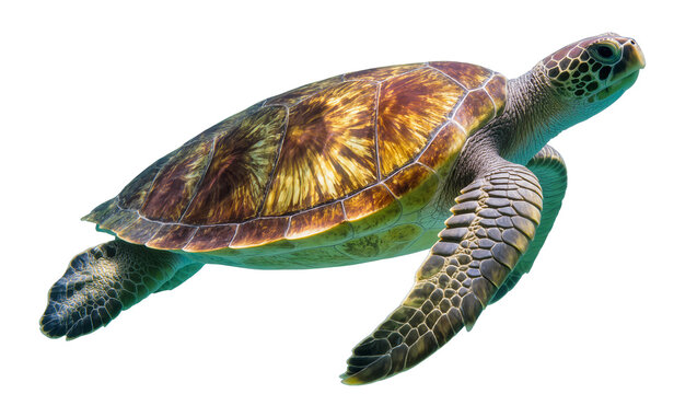 Green sea turtle swimming detailed shell pattern, white