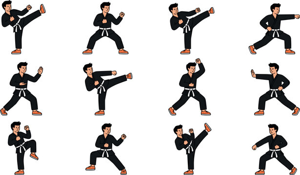 Martial Arts Vector Character Set with Man in Black Gi Uniform Performing Karate Taekwondo Silat Kicks Punches and Stances for Sports Action Designs