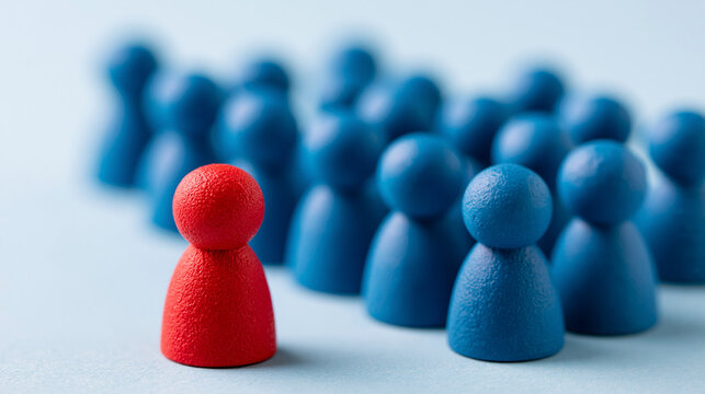Standing Out from the Crowd: A single red pawn figure breaks from the uniformity of a blue group, symbolizing individuality and leadership.