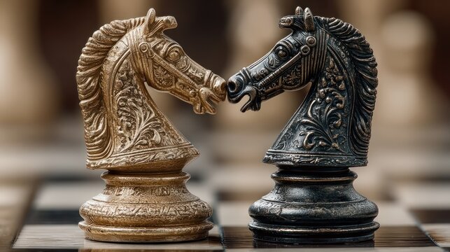 Chess set's metallic knight pieces, gold vs. black, facing each other on the checkered board