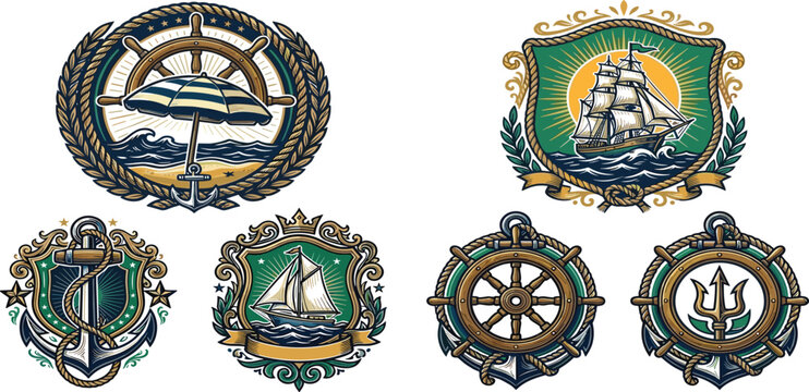Vintage Nautical Badge and Emblem Vector Set with Detailed Ship Anchor Wheel and Trident Illustrations for Sailor Tattoos and Marine Logo Designs