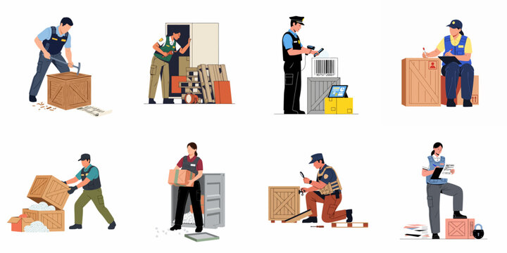 Collection of flat vector illustrations showing customs officers and warehouse workers inspecting cargo, scanning barcodes, and checking shipping documents.