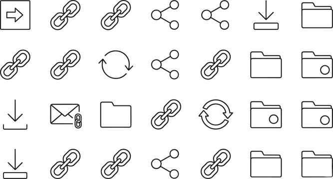 Web icon set with line art style chain link share download folder sync interface symbols for graphic design