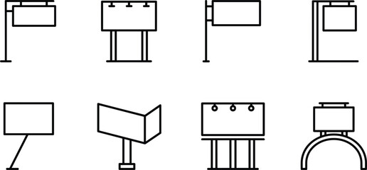 Blank billboard and outdoor advertising sign line icon set with street hoarding board display framework graphics illustration vector © MDMUNNA