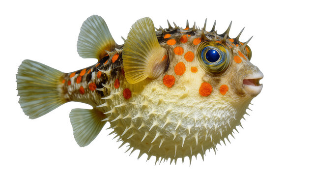Spotted pufferfish with sharp spines and blue eyes