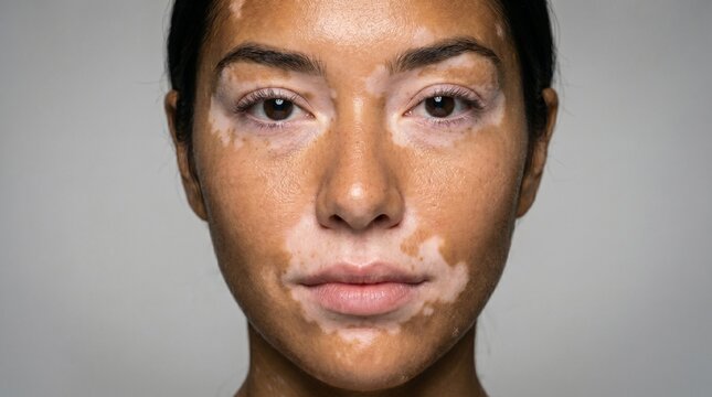 Extreme close-up portrait of a woman's face with vitiligo skin patches, beauty and skincare concept