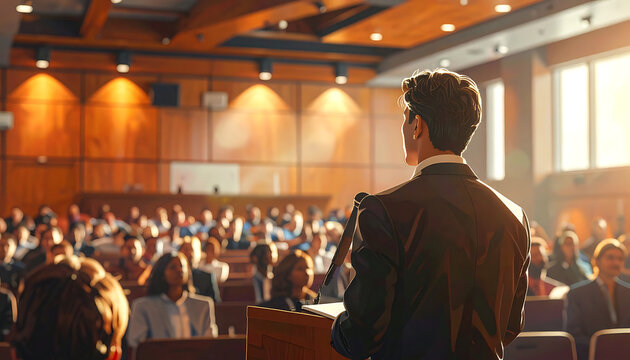 Speaker addressing a large audience in a sunlit lecture hall, conveying knowledge and inspiration.