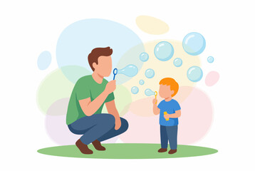 Fototapeta premium Father and Son Blowing Bubbles Together in the Park Vector