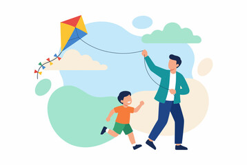 Obraz premium Father and Son Flying a Kite Outside in the Park