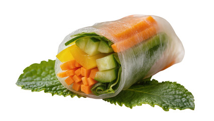Fresh spring roll with carrots cucumber bell pepper, and lettuce on mint leaf © Niklas