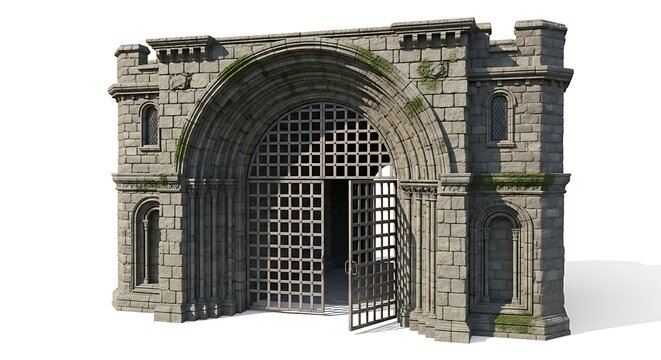 Old stone castle gate with bars.