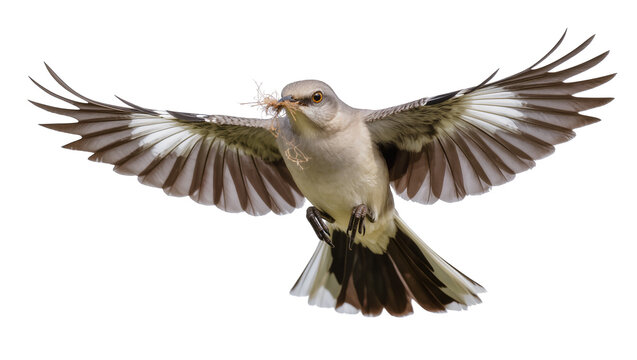 Northern Mockingbird in flight with nesting material in beak