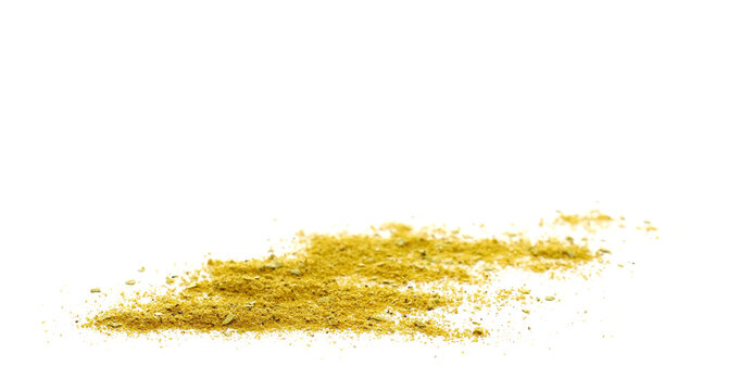 Shawarma seasoning pile (shoarma), middle eastern spice blend, isolated on white background, (organic coriander, cumin, white onion granules, garlic granules, bay leaf, black pepper, turme), side view