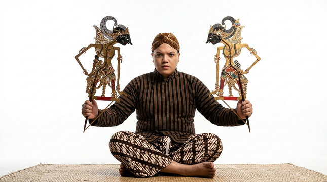 Man in Traditional Javanese Costume Holding Wayang Kulit Shadow Puppets