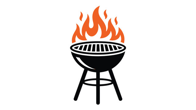 Stylized vector graphic illustration of a round charcoal barbecue grill featuring vibrant orange flames rising upwards in a clean minimalist design for summer cooking event themes