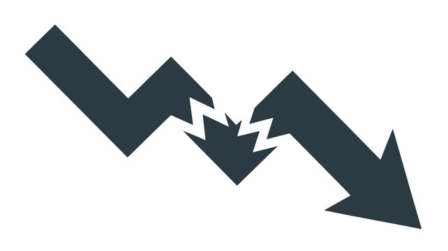 Minimalist vector graphic illustration of a broken downward trending arrow symbol representing financial market collapse economic failure loss or a sharp decline in business performance data