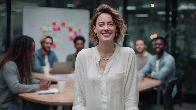 Female diversity. Human rights, equal opportunity concept. A candid shot of a woman in a white blouse, standing in a modern office. She smiles broadly, revealing her teeth.