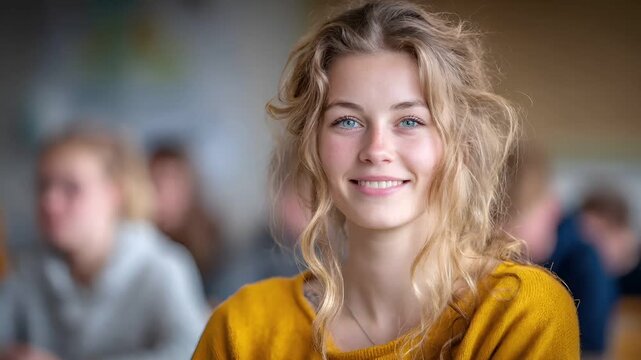 Female diversity. Human rights, equal opportunity concept. A portrait of a young woman with wavy blonde hair and striking blue eyes. She wears a mustardyellow, loosefitting top.