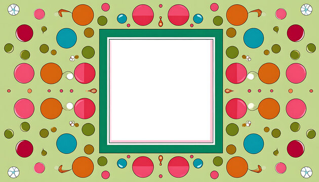 Square frame with colorful polka dot border on a pale green background, playful festive decoration elements