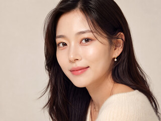 Naklejka premium Korean Woman Soft Beauty Portrait in Cream Knit Top