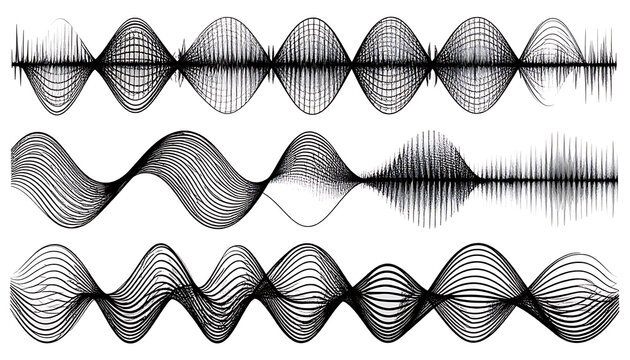Three distinct sound wave patterns, including a complex amplitude modulated signal and a digital waveform, presented in a monochrome textured style