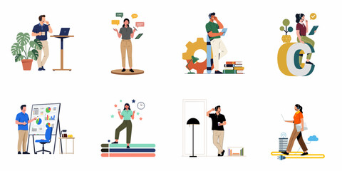 Fototapeta premium Set of Customer Support Representatives and Technical Assistance Professionals Working in Various Office Environments with Headsets and Digital Devices