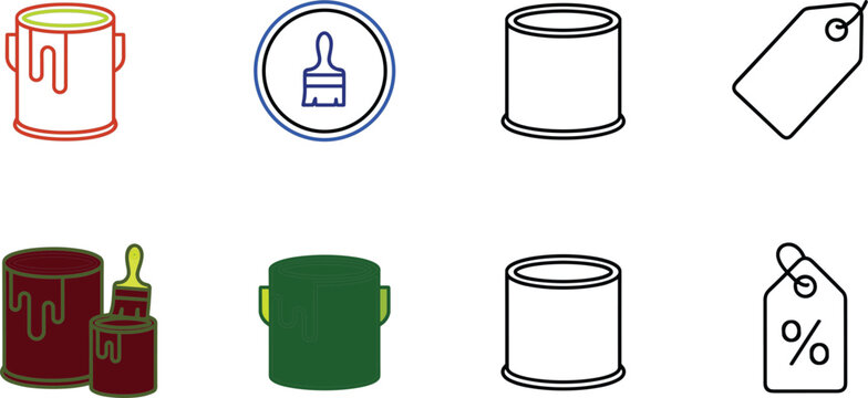 Paint bucket brush price tag line icon set vector illustration for e commerce hardware shop store renovation website.