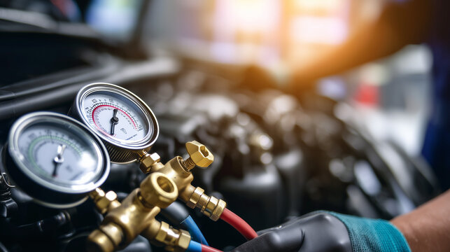 Professional automotive air conditioning diagnostic gauges connected to vehicle engine. Car maintenance, repair service and HVAC system inspection in modern auto workshop.