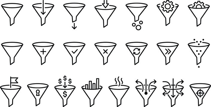 Sales funnel and data filtering conversion marketing outline icon set with financial chart gear arrow targeting vector illustration