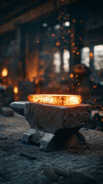 A glowing hot steel billet sits on a heavy anvil in a metal forging workshop. Bright sparks fly around as the heat fills the space. The scene shows metalwork in action