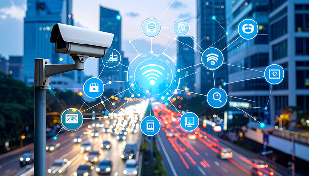 Smart city surveillance security camera monitoring traffic flow with network data icons, technology concept