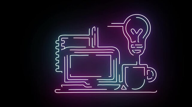 Glowing neon line art icon of a laptop computer and a coffee cup with lightbulb representing creative ideas and workspace setup shining with vibrant pink and blue colors on a black background