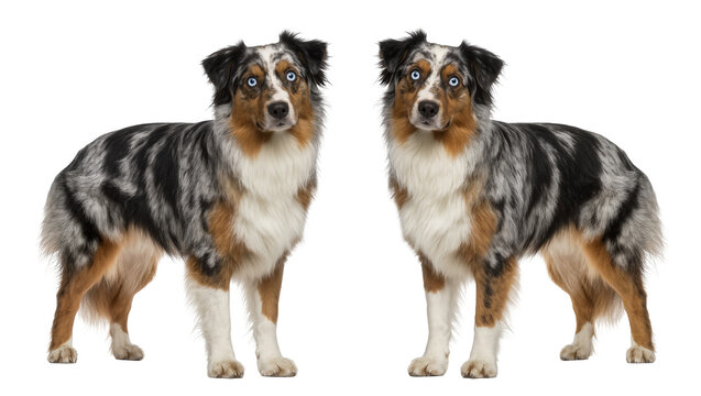 Two Australian Shepherd dogs with blue eyes and merle coats