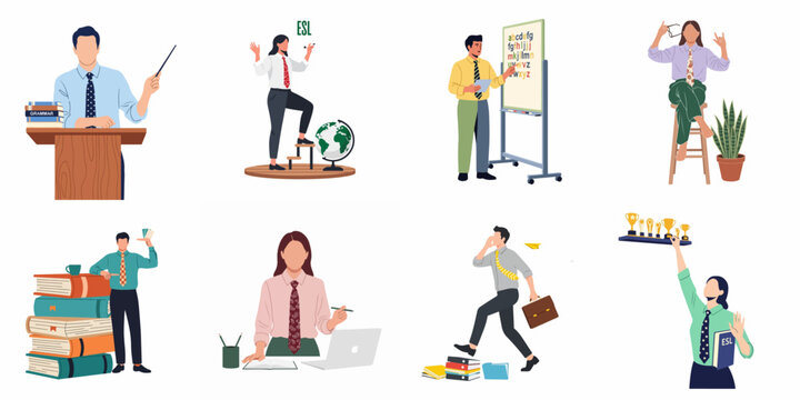 Set of flat style vector illustrations featuring diverse English teachers and educators in various teaching and academic scenarios like lecturing and celebrating success.