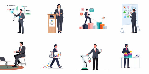 Fototapeta premium Business Professionals Set Using Artificial Intelligence, Robotic Technology, and Data Analytics for Corporate Growth and Innovation in a Modern Workspace.