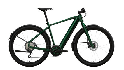 Green electric bicycle with disc brakes and fenders © Sarah