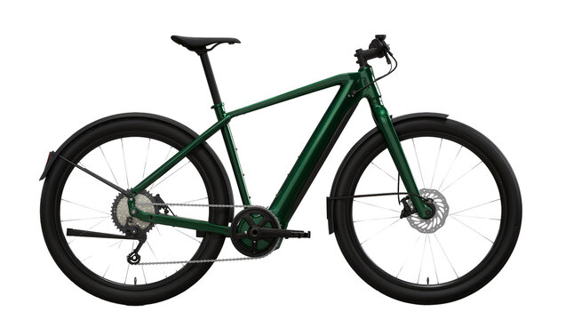 Green electric bicycle with disc brakes and fenders