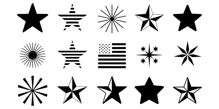 Star icon set collection with geometric, segmented and decorative star symbols isolated on light background, monochrome vector style design elements for ratings, badges, awards and branding