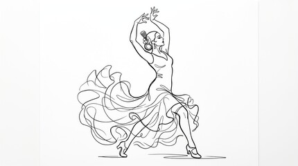 Obraz premium Dancer illustration, woman in elegant dress dancing, line art