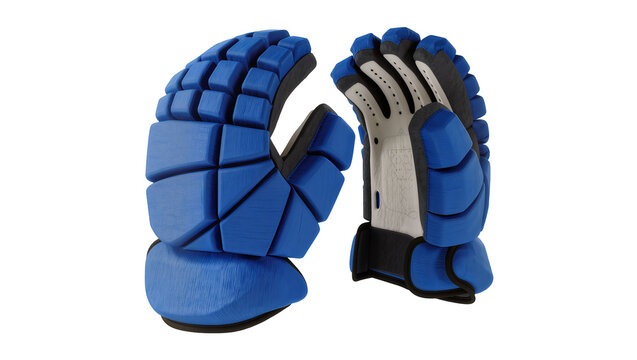 Blue hockey gloves with black and white accents