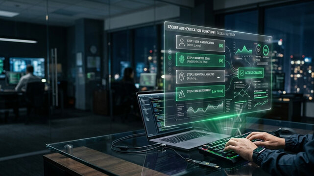IT professional working at a desk in a dark office using a laptop with a digital holographic interface showing secure authentication workflow steps and biometric data access granted.
