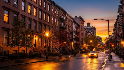Fototapeta premium Classic New York Brownstone Street with Yellow Taxi at Vivid Sunset