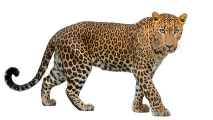 Fototapeta premium Leopard walking with spotted fur and blue eyes