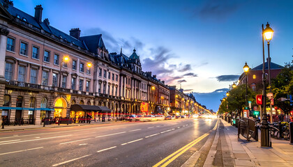 Obraz premium Street scene at dusk, city lights blur, traffic streaks, historic buildings, dramatic sky, urban evening atmosphere
