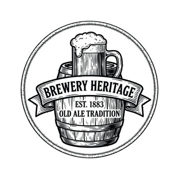 Vintage Brewery Heritage Logo with Beer Mug and Barrel Illustration.